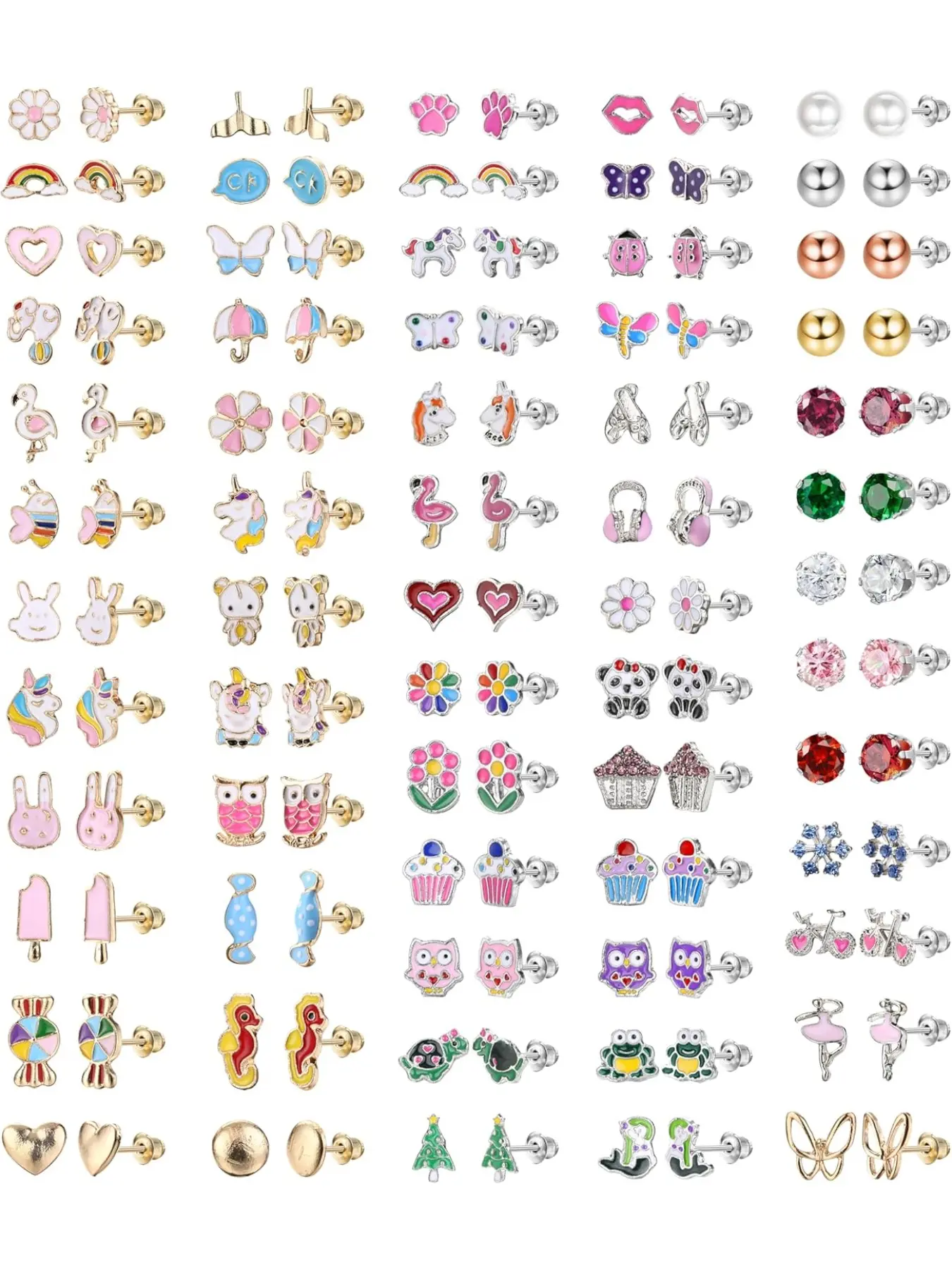 Hypoallergenic Stud Earrings for Girls & Women, Cute Stainless Steel Set, Sensitive Ears Friendly, Small Colorful Animals, Heart Shaped Earrings, 63 Pairs, Dainty Fashion Jewelry, Fashionable Jewelry Accessories, Ear Studs