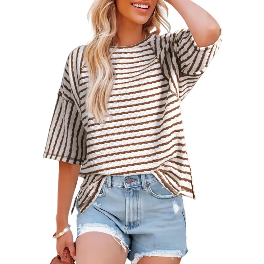 DOKOTOO  Womens Summer Tops Oversized Tshirts for Women Striped Color Block Short Sleeve T Shirts Crewneck Casual Tee Blouses