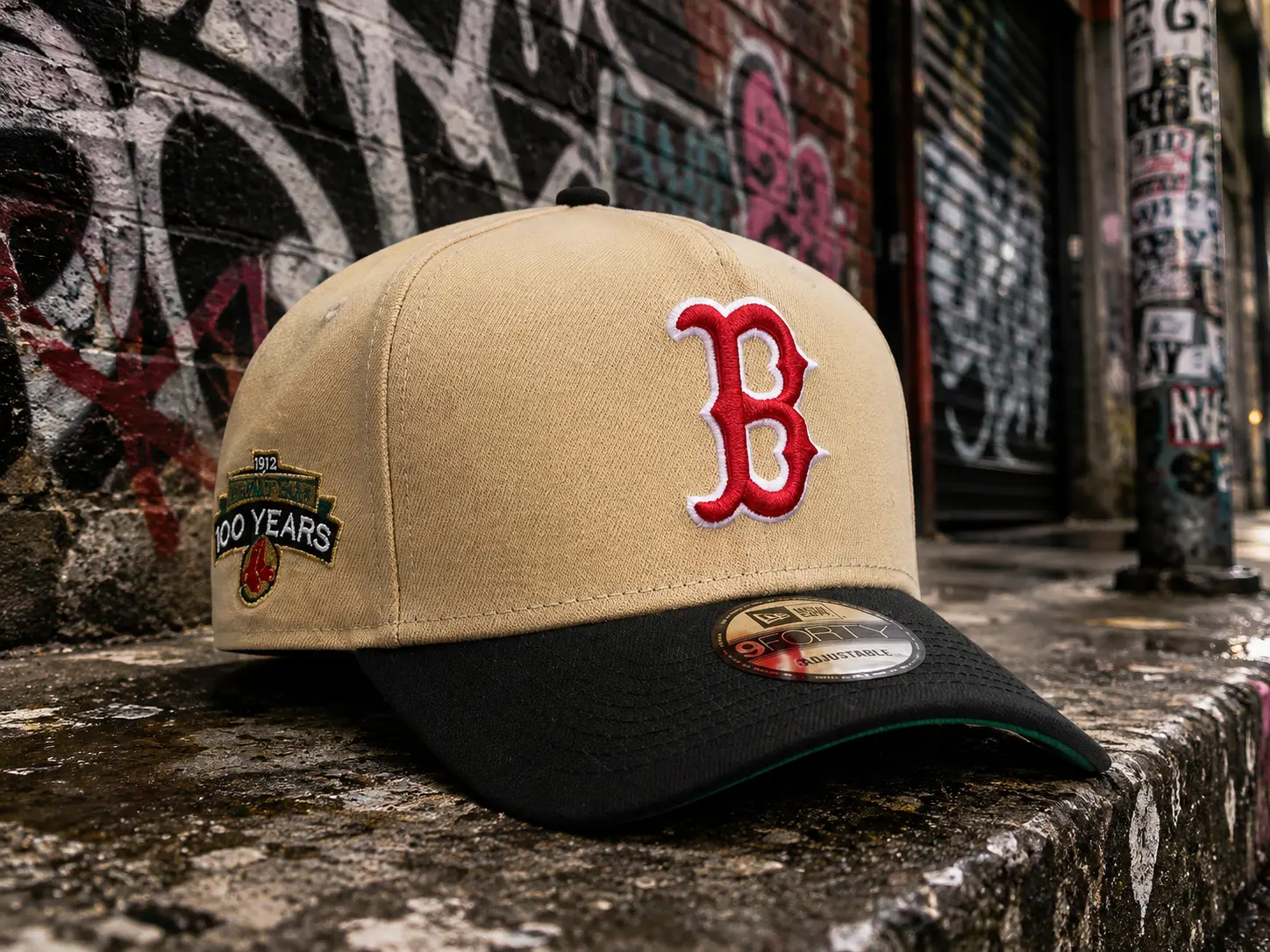 MLB New Era Boston Red Sox 9FORTY Adjustable Baseball Cap – Premium Beige Black Hat, Raised Embroidered B Logo, Classic MLB Team Design, Anniversary Patch Detail, Unisex Streetwear Fashion, Casual Sports Hat for Men Women, TikTok Trend 2026
