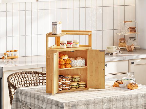 HOOBRO Bamboo Bread Box, Corner Bread Box for Kitchen Countertop, Large Capacity 2-Tier Bread Container, Bread Storage Container with Removable Shelf and Clip Holder, for Dining Room, Natural HOOBRO Bamboo Bread Box, Corner Bread Box for Kitchen Countertop, Large Capacity 2-Tier Bread Container, Bread Storage Container with Removable Shelf and Clip Holder, for Dining Room, Natural