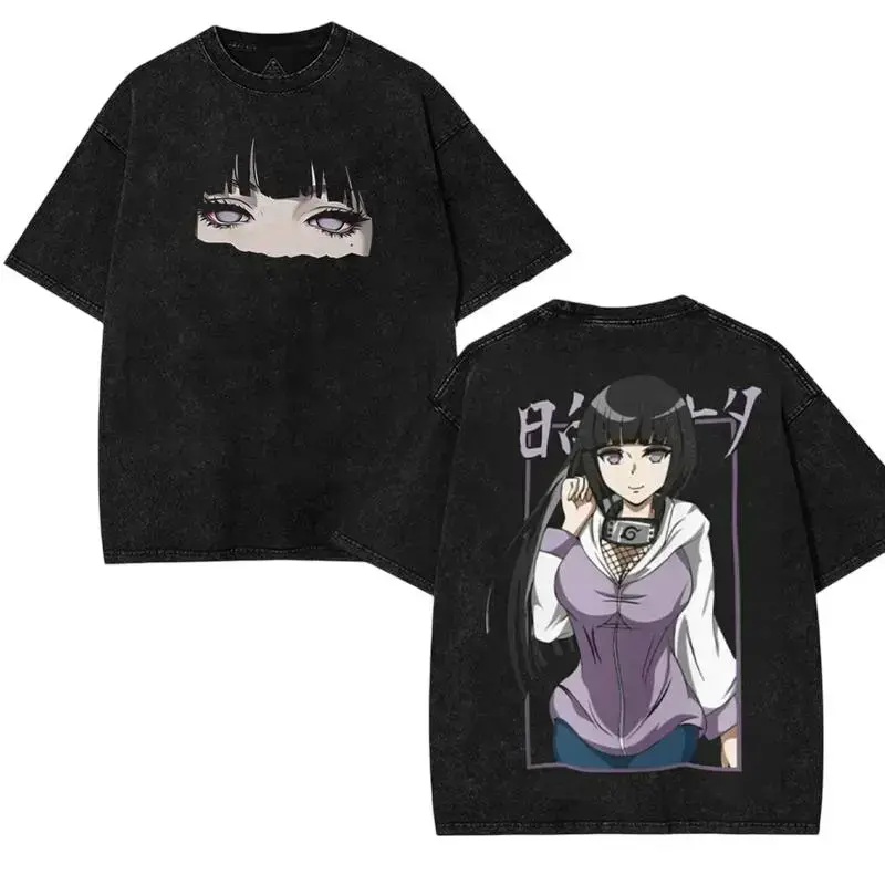 Hinata Hyuga Naruto Anime Double Printed Vintage Washed Tee Unisex Washed Cotton graphic T-shirt Manga Anime Fan 90s Top Dress Love Unisex couple T-shirt. Double-Sided Print. Unisex.