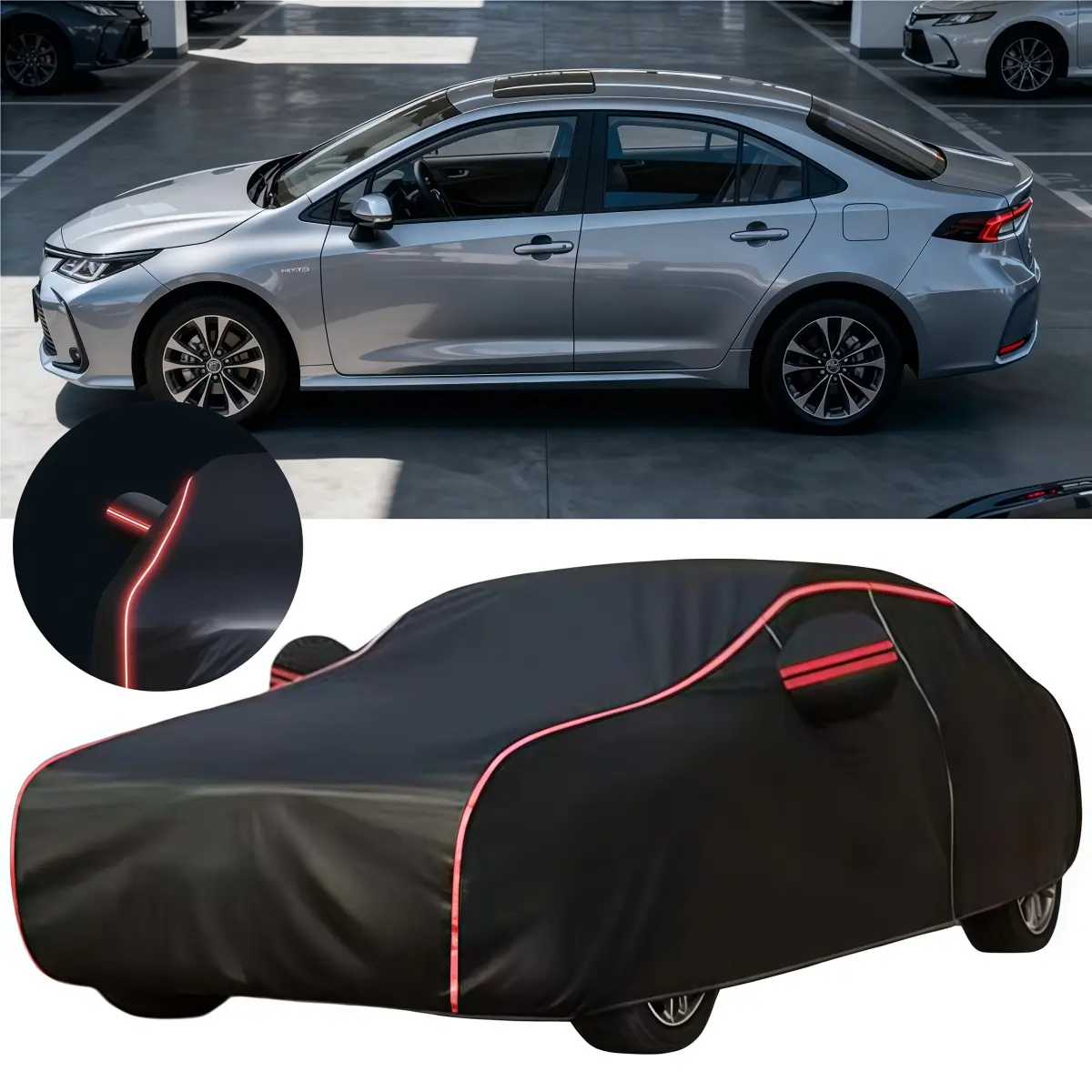 for Toyota Corolla Camry Allion 6 Layer Heavy Duty Car Cover, All Weather Waterproof Dust Snow UV Resistant Protection, Indoor Outdoor Anti Scratch Full Exterior Cover, Glow In The Dark Black Car Cover