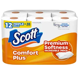 Scott ComfortPlus Toilet Paper – 12 Triple Rolls, 231 Sheets per Roll, 1-Ply, Septic-Safe Tissue