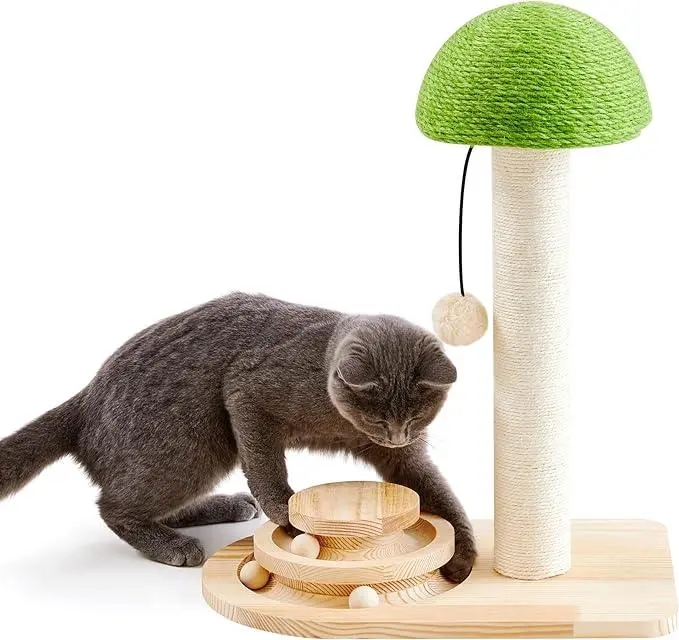 Cat Scratching Post - Mushroom Cat Scratcher with Sisal Ropes, Interactive Track Ball Toy, 2-in-1 Wood Scratch Toy with Dangling Ball 20" Scratch Pad