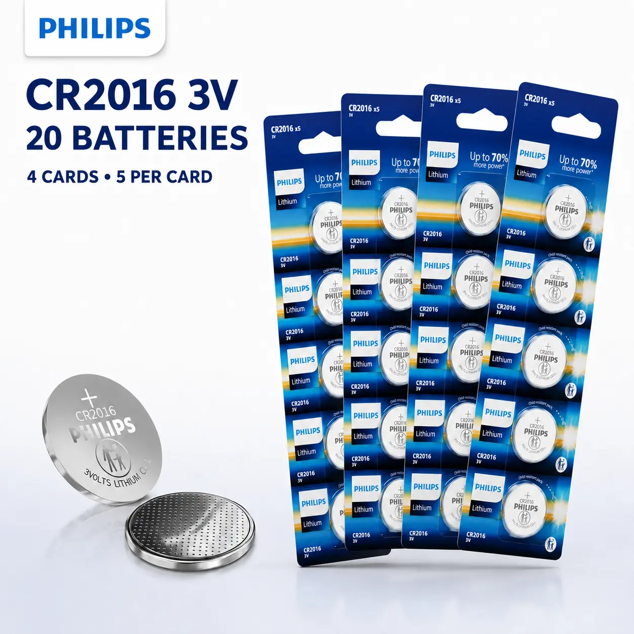 Philips CR2016 3V Lithium Metal Coin Cell Batteries - 5/20 Pack Battery Replacement with 10-Year Shelf Life, Child-Resistant Packaging for Car Remotes, Watches, Small Electronics