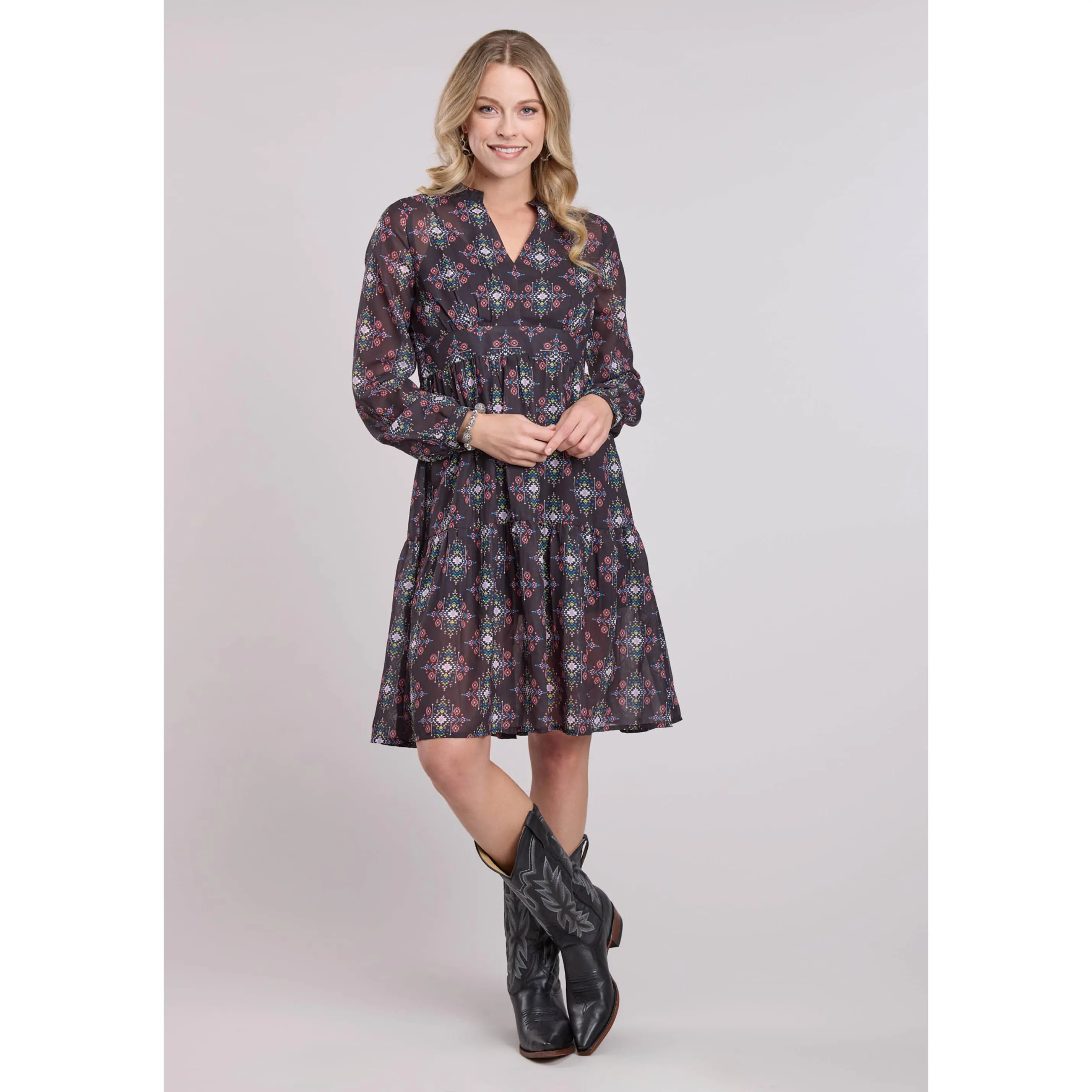Womens Long Sleeve Dress Pullover Poly Georgette Aztec Brights Western Dres