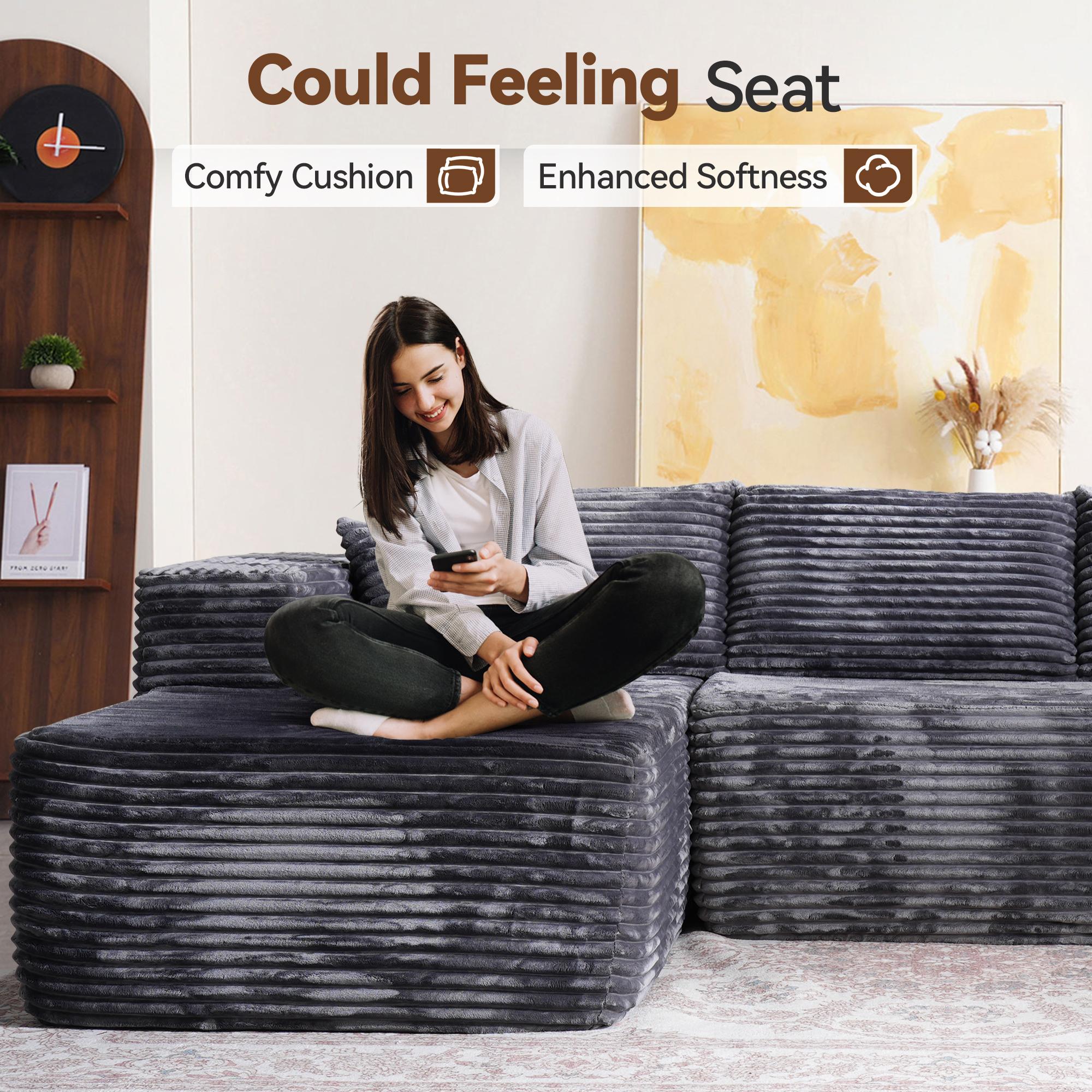 【3 Packages Shipping】Ovios 104" Modular Couch with Chaise and 59" W Oversized Round Sofa Bed - L-Shaped Sectional Sofa Set with Flexible Configuration, Plush Corduroy Cloud Velvet Fabric,No Assembly Required, 5 Seater