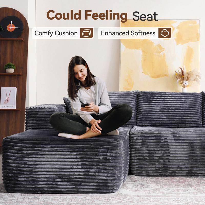 【3 Packages Shipping】Ovios 104" Modular Couch with Chaise and 59" W Oversized Round Sofa Bed - L-Shaped Sectional Sofa Set with Flexible Configuration, Plush Corduroy Cloud Velvet Fabric,No Assembly Required, 5 Seater