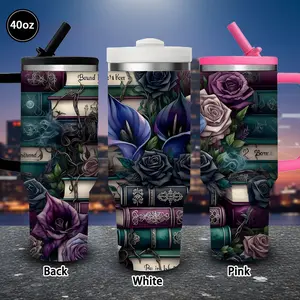 1pc 40oz Mystical Gothic Rose and Book Tumbler with Lid and straw, Winter Insulated Travel Mug, Gift for Women Men, Ideal for Valentine's Day, Birthday Gift, Coffee Cup for Office