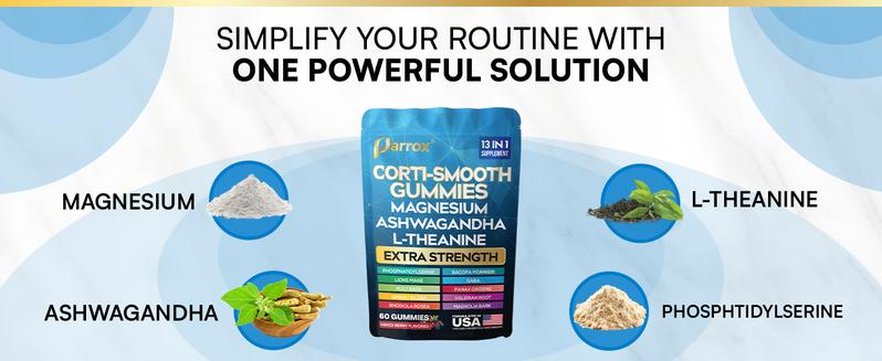 Corti-Smooth Gummies (Mixed Berry Flavor) - Parrox 13 in 1 Magnesium Supplement with L-Theanine, Lions Mane & More Natural Ingredients - Made in USA - (60 Gummies)