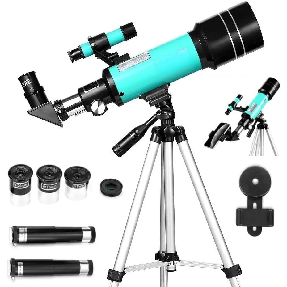 Beginner's Astronomy Refractor Telescope with 70mm Aperture, 20X-200X Magnification, Optics Equipment, Adjustable Tripod, Smartphone Adapter, 3 x 1.25'' Eyepieces, 1.5X Erecting Lens, 3X Barlow, High Clarity for Crisp Images in Outdoor Activities, Refract