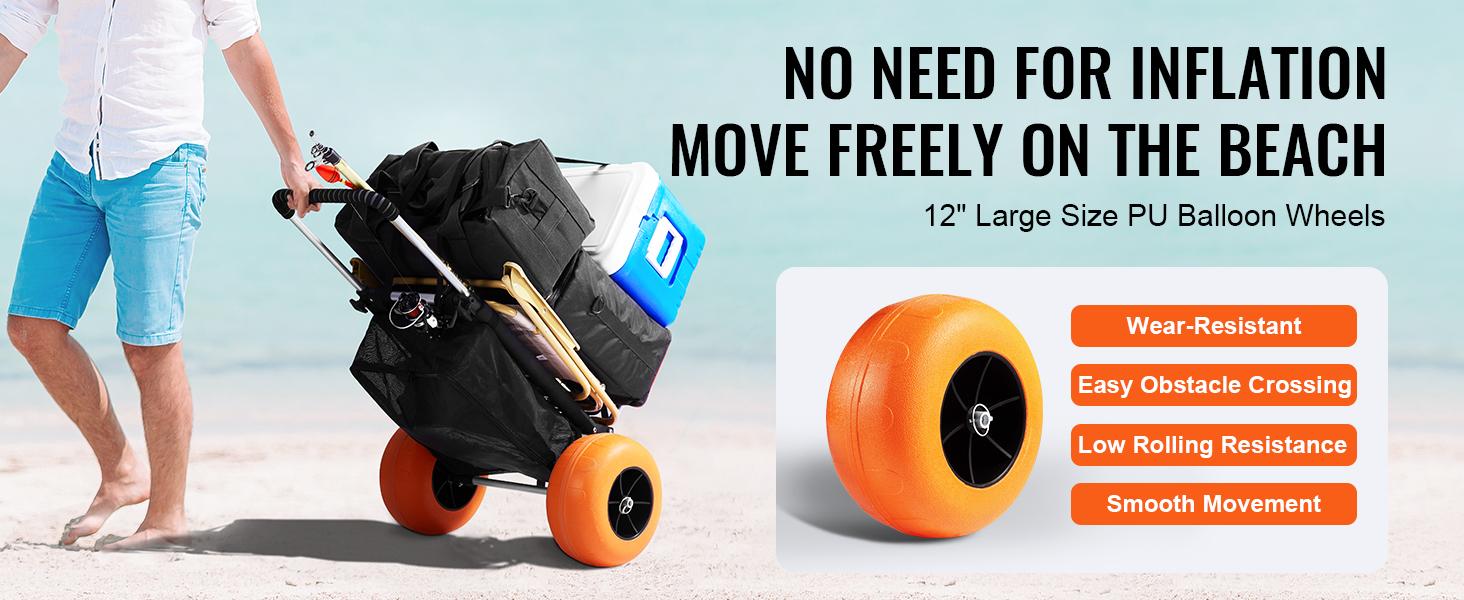VEVOR Beach Dolly with Big Solid Wheels for Sand,  29.9" x 15.4" Cargo Deck, w/ 12" Foam Wheels, 165LBS Loading Capacity Folding Sand Cart & 27" to 44.7" Adjustable Height, Heavy Duty Cart for Beach