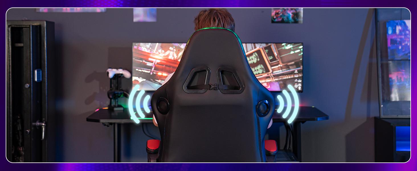 HOFFREE LED Gaming Chair with Speakers and Massage Video Game Chair Big and Tall with Footrest Gamer Chair for 400lbs Computer Desk Chair Red and Black, Red+black