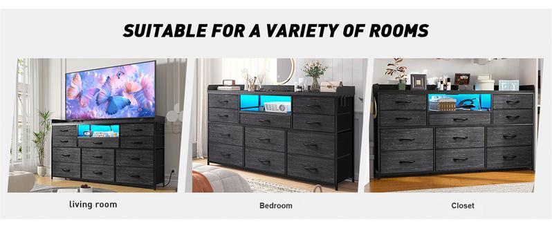 【Jumpstar Sale】Raybee 11 Drawer Smart LED Dresser, with Charging Station, Power Outlets, LED Lights & Shelves, Modern Storage Cabinet for Bedroom/Hallway, TV Stand for 32-55 inch TVs, Easy 10-min Assembly, Includes 4 Hooks
