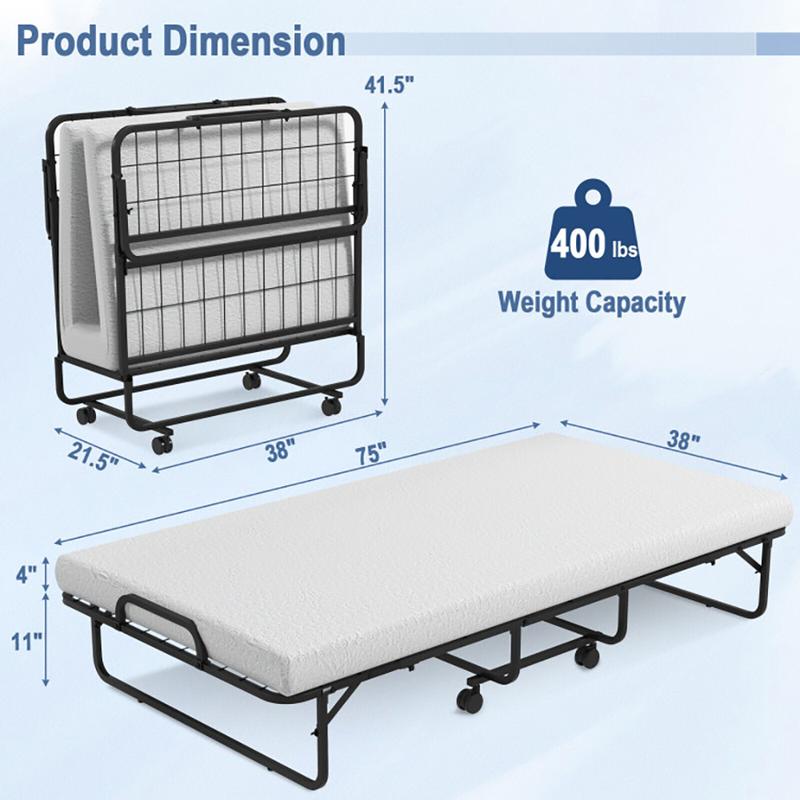Folding Bed with Mattress for Adults, 75''x38'' Rollaway Bed Foldable Bed with Twin Mattress, Space Saving Portable Bed for Small Place Folding Bed with Mattress for Adults, 75''x38'' Rollaway Bed Foldable Bed with Twin Mattress, Space Saving Portable Bed for Small Place