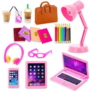 22pcs Pink Mini Laptop Tablet Computer Model Books Headphones Glasses Mini House Decoration Accessories Miniature Set