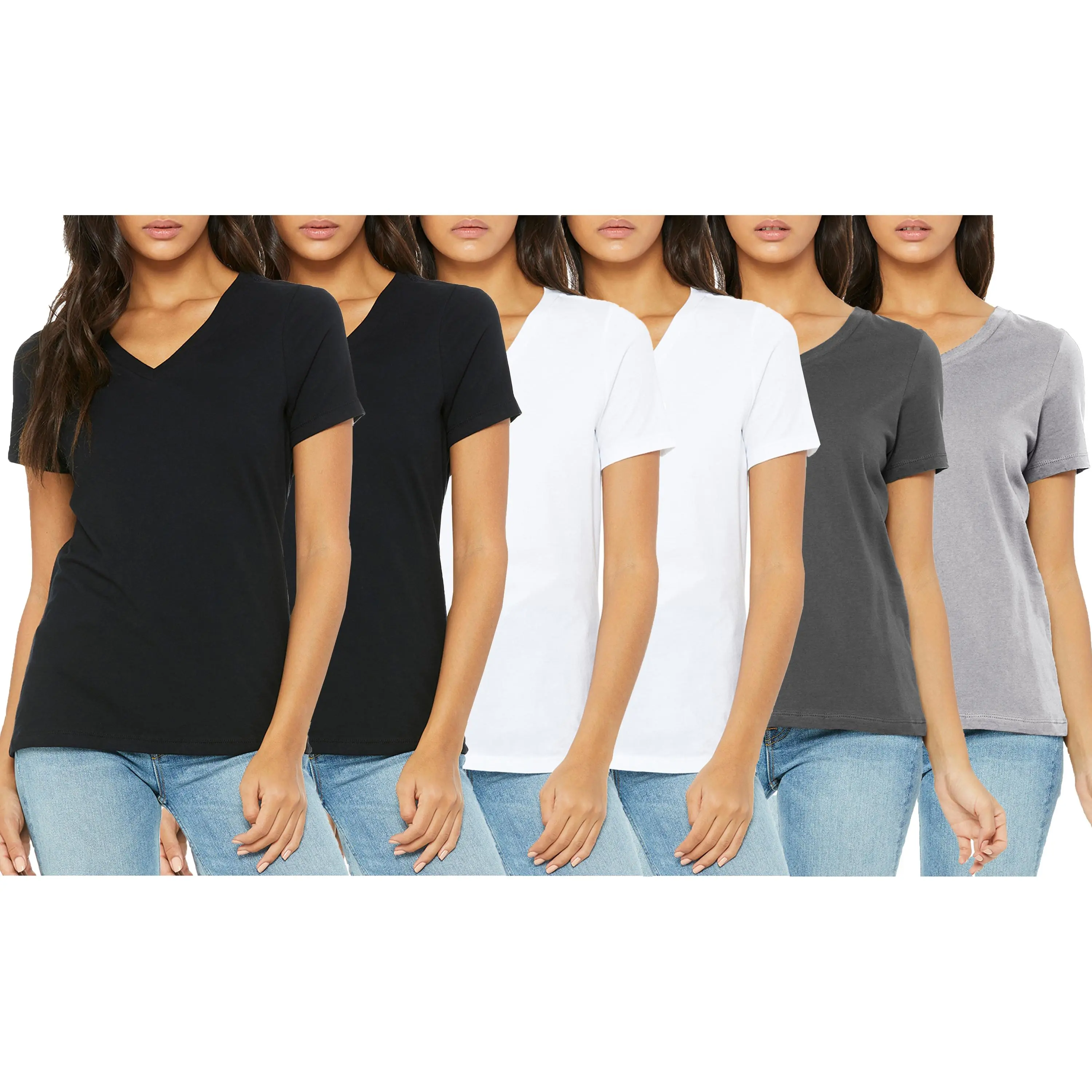 (V-Neck)Black x2-White x2-Charcoal-Heather Grey