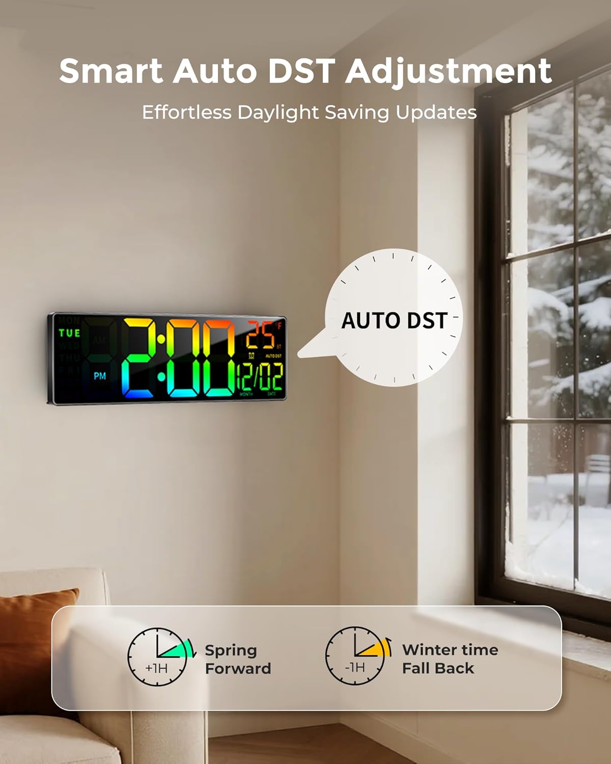 EASYERA 16.5" Large Digital Wall Clock with BT Sync, RGB Lights with 11 Scenes Mode Remote Control, Big LED Clock with Dual Alarms, Auto DST, Temperature for Classroom Gaming, Office, GameRoom, LivingRoom