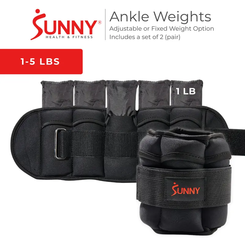 SUNNY Adjustable Ankle Weights Set of 2 1-5 lbs 1lb Removable Weights Padded Durable Sweat Resistant Customizable Fit for Home Gym Workouts Walking Running Jogging Cardio Pilates Strength Training Aerobics Fitness Exercise Toning Endurance Muscle Building