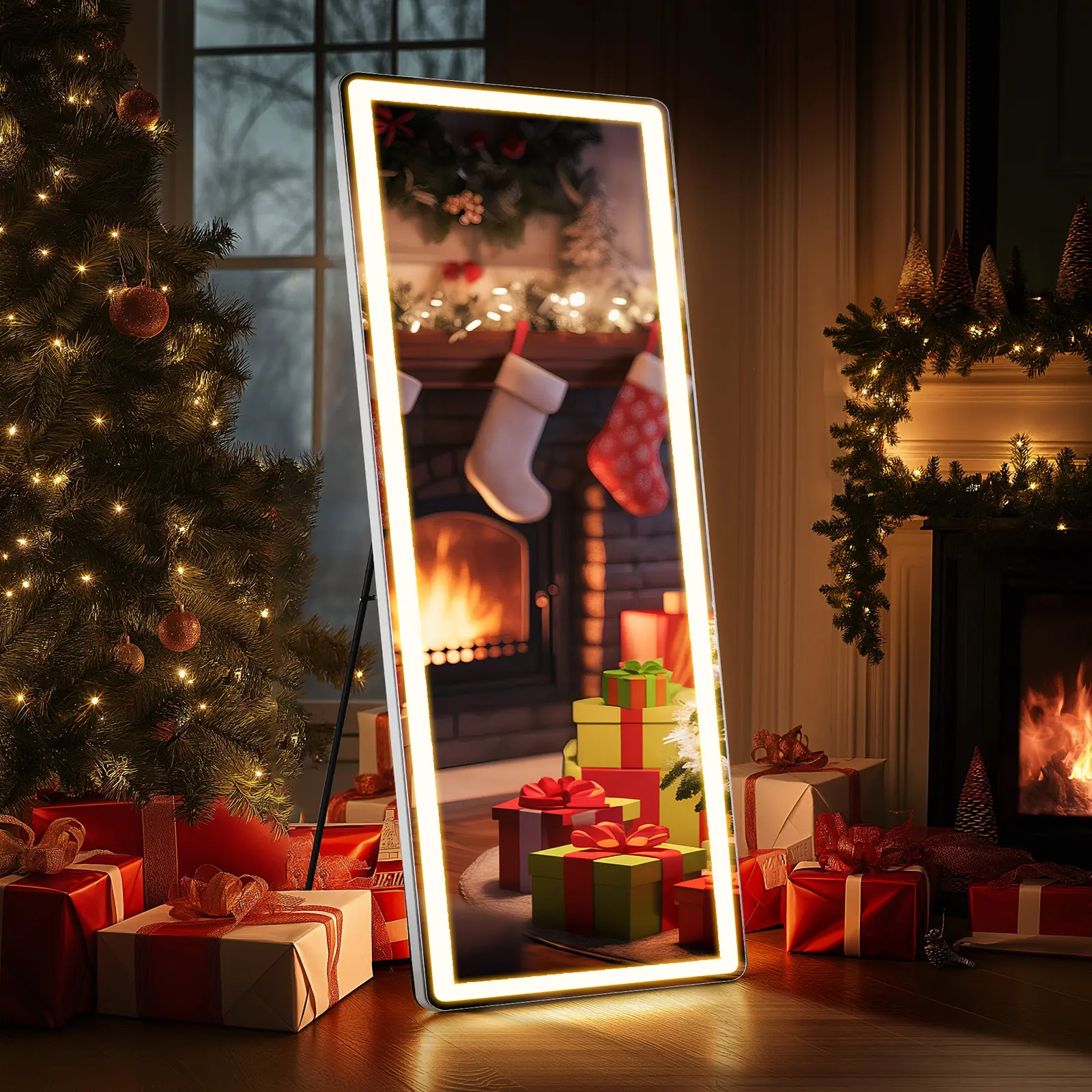 【Star Furniture】Full Length Floor Mirror with LED Lights Standing mirror, Dimmable 3-Color Lighting and Aluminum Frame for Bedroom, Dressing Room Decor,dorm essentials,dorm decor,dorm room decor