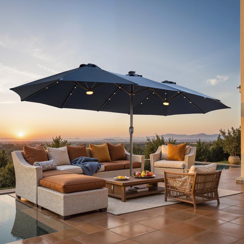 【Rainbow Lighted Umbrella & Table】Ovios 15ft Double-Sided Patio Umbrella with Solar Lights & Umbrella Hold Table, Outdoor Large Umbrellas with Crank Handle and 36 LED Lights, Rectangular Market Umbrella with Base Included for Deck Pool Shade