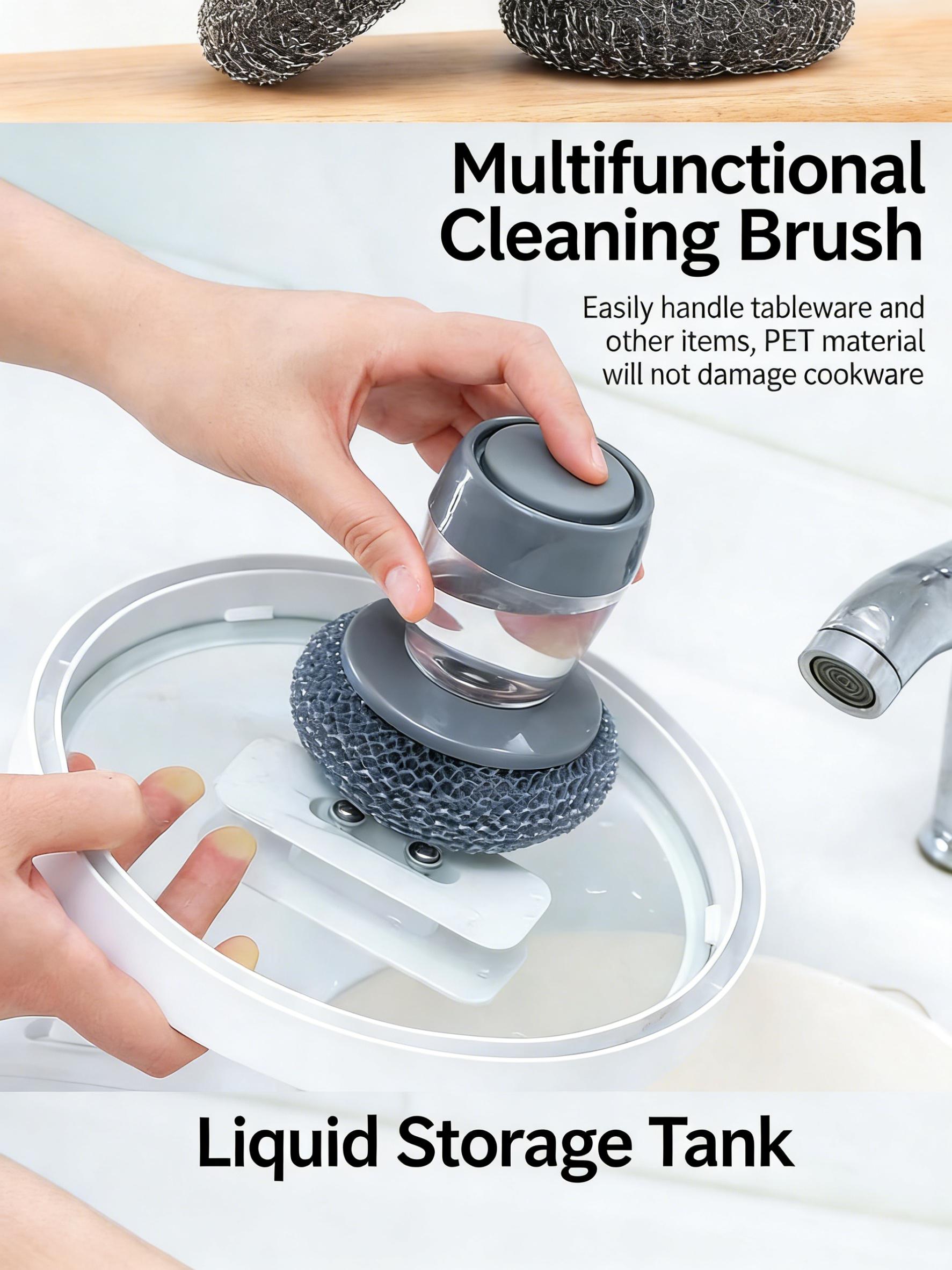Comfort Handle Soap Dispensing Palm Brush - Automatic Liquid Release for Kitchen Sink Pot Bowl Deep Cleaning.