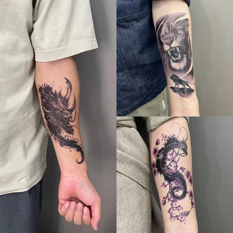 72 Sheets Temporary Tatoo 12 Large and 60 Medium-sized sheets Black Arm Temporary Tattoos For Men Forearm Women Thigh, Half Sleeve Animals Dragon Lion Tiger Wolf Dream Cather Temporary Tattoo Stickers Adults, Death Skull Compass Flower Fake Tattoos