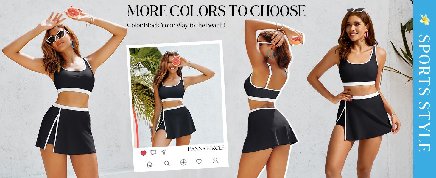 【S-2XL】Hanna Nikole Bikini Sets for Women Color Block Swimsuits with Side Slit Swim Skirt 【S-2XL】Hanna Nikole Bikini Sets for Women Color Block Swimsuits with Side Slit Swim Skirt