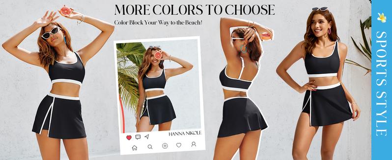 【S-2XL】Hanna Nikole Bikini Sets for Women Color Block Swimsuits with Side Slit Swim Skirt