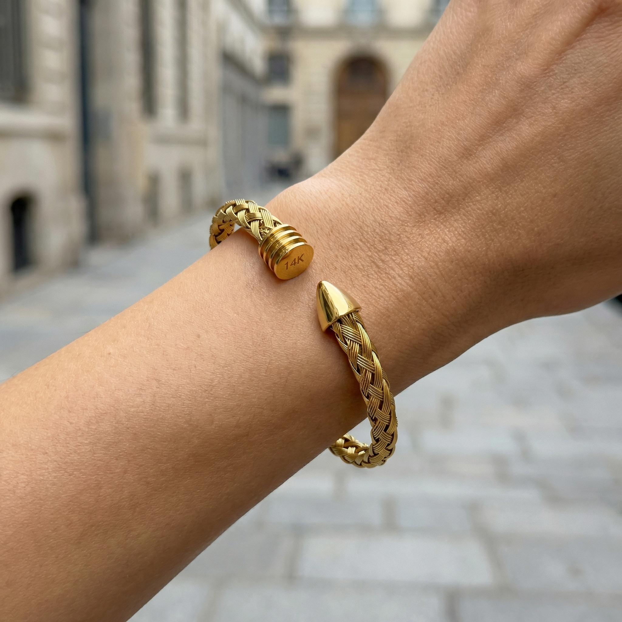 Minimalist 14K Gold Plated 7mm Twisted Cable Braided Rope Open Bangle - Stackable Layered Gold Bracelet