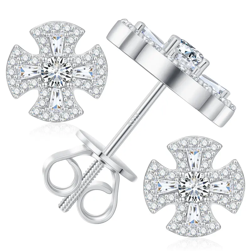 UCCIYO S925 Sterling Silver Studded Cross Earrings E567, 4-Leaf Clover Lab-Created Moissanite Screw Back, Sparkling Ear Jewelry, Moissanite Ear Studs for Couples, Men's Accessories & Mens Gifts【#E567】