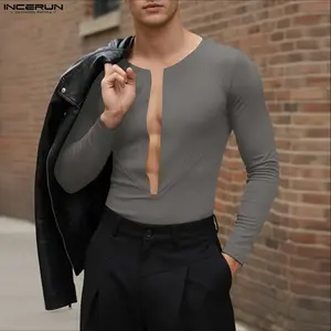 INCERUN Men's Autumn Winter [Sexy/Muscle Fit] [T-shirt/Base Layer] Deep Plunge V Neck Long Sleeve Slim Fit Solid Color Tee
