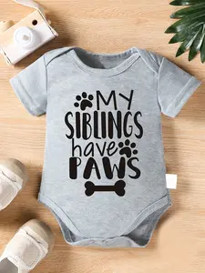 Baby "My Siblings Have Paws" Short Sleeve Bodysuit - Funny Pet Sibling Graphic Onesie, Heather Gray Cotton Infant Outfit for Newborns