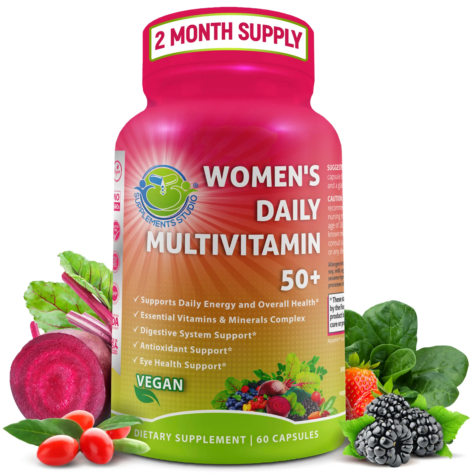 SUPPLEMENTS STUDIO Women’s Multivitamin 50+ Vegan Multivitamin with Methylated B Vitamins, Biotin, Probiotics, Organic Superfood Blend & Eye Health Blend - Supports Eye Health, Energy & Gut Health - Easy to Swallow - 60 Capsules