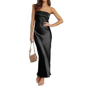 Women 2025 Summer Strapless Satin Tube Bodycon Backless Wedding Guest Maxi Dress Musthaves Trendtok hopvalentinesday