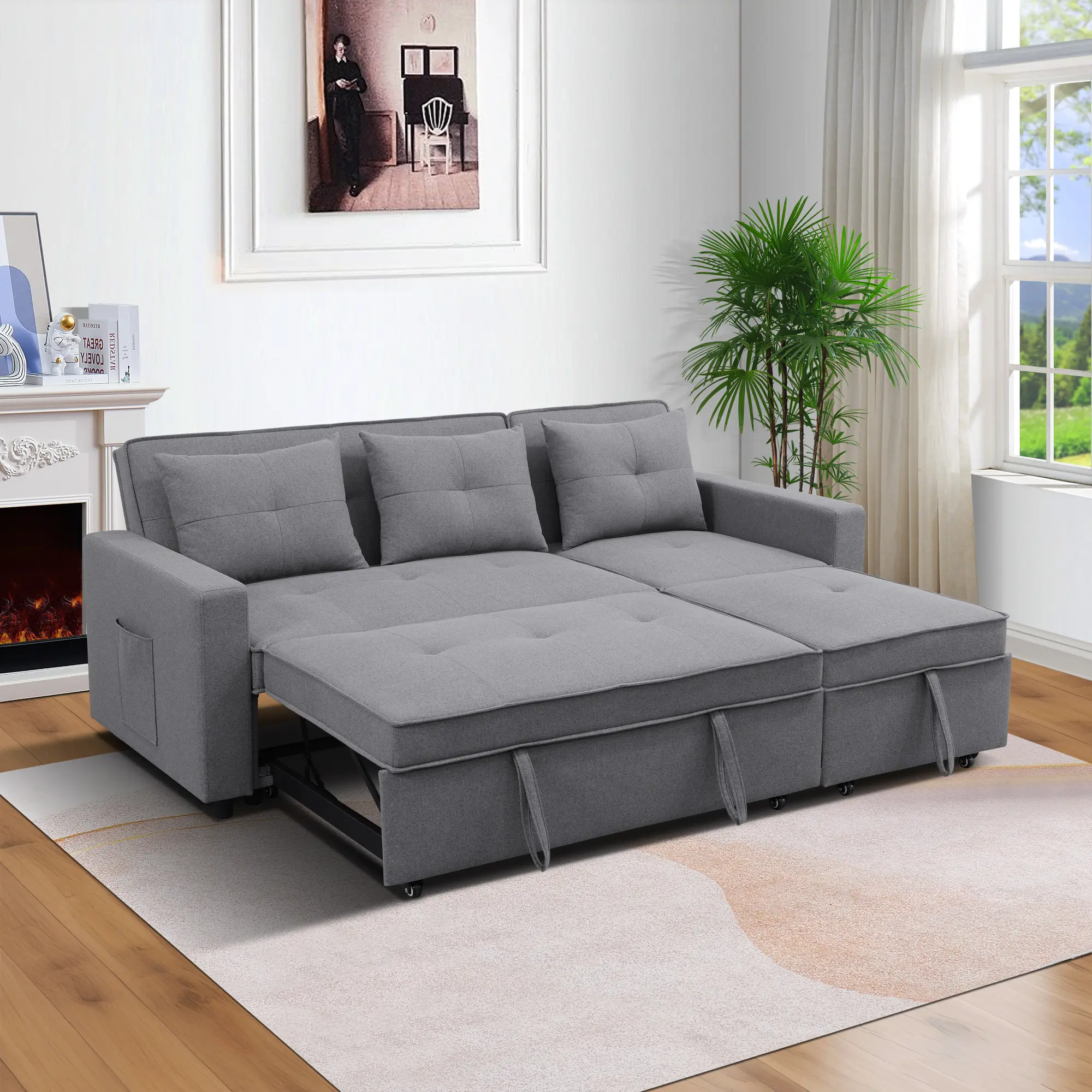 3-Piece Extendable Recliner Sectional Couch, Grey Breathable Cotton Sackcloth Upholstered, Sturdy Soft Durable Modular Modern Indoor Living Room Furniture for Entertainment, Assembly Required