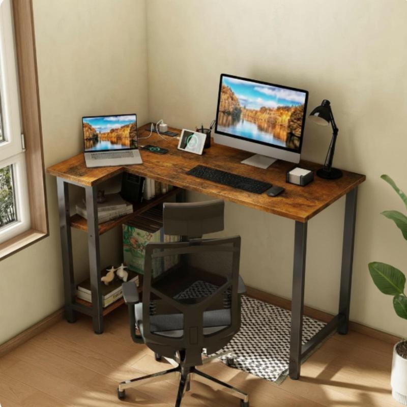 Lufeiya Small L Shaped Desk with Power Outlet Shelves, 40 Inch Reversible Corner Desk for Small Space Home Office, L-Shaped Computer Desk PC Desks with Charging Station, Rustic Brown