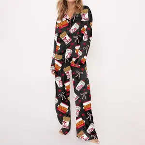 Coquette Chicken Nuggets Satin Pajama Set For Women Print Comfy Satin Sleepwear & Loungewear Pjs Printing Silky Top & Bottoms