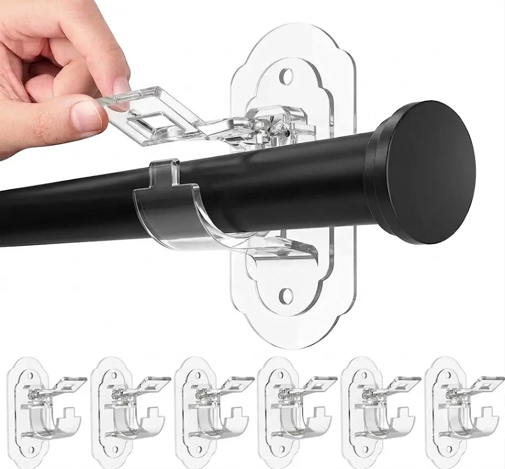 6-Pack Clear Adhesive Curtain Rod Hangers, Strong Stick-On Brackets, No Hole Installation for Bathroom, Kitchen & Living Room