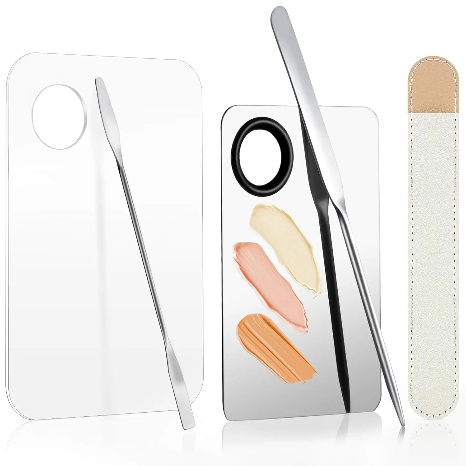 5pcs Professional Makeup Spatula Set with Handle - Korean Stainless Steel Foundation Spatula, Acrylic Palette, Reusable Beauty Tools for Facial Cosmetics Pigment Blending