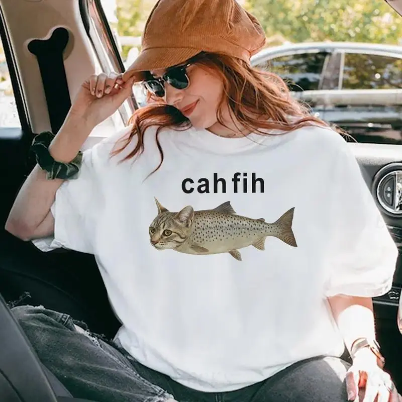 Funny Cat Graphic T-Shirt, Unisex "Cah Fih" Classic Fit Lightweight Top, Solid Cotton Fabric with Double-Needle Sleeve and Bottom Hem