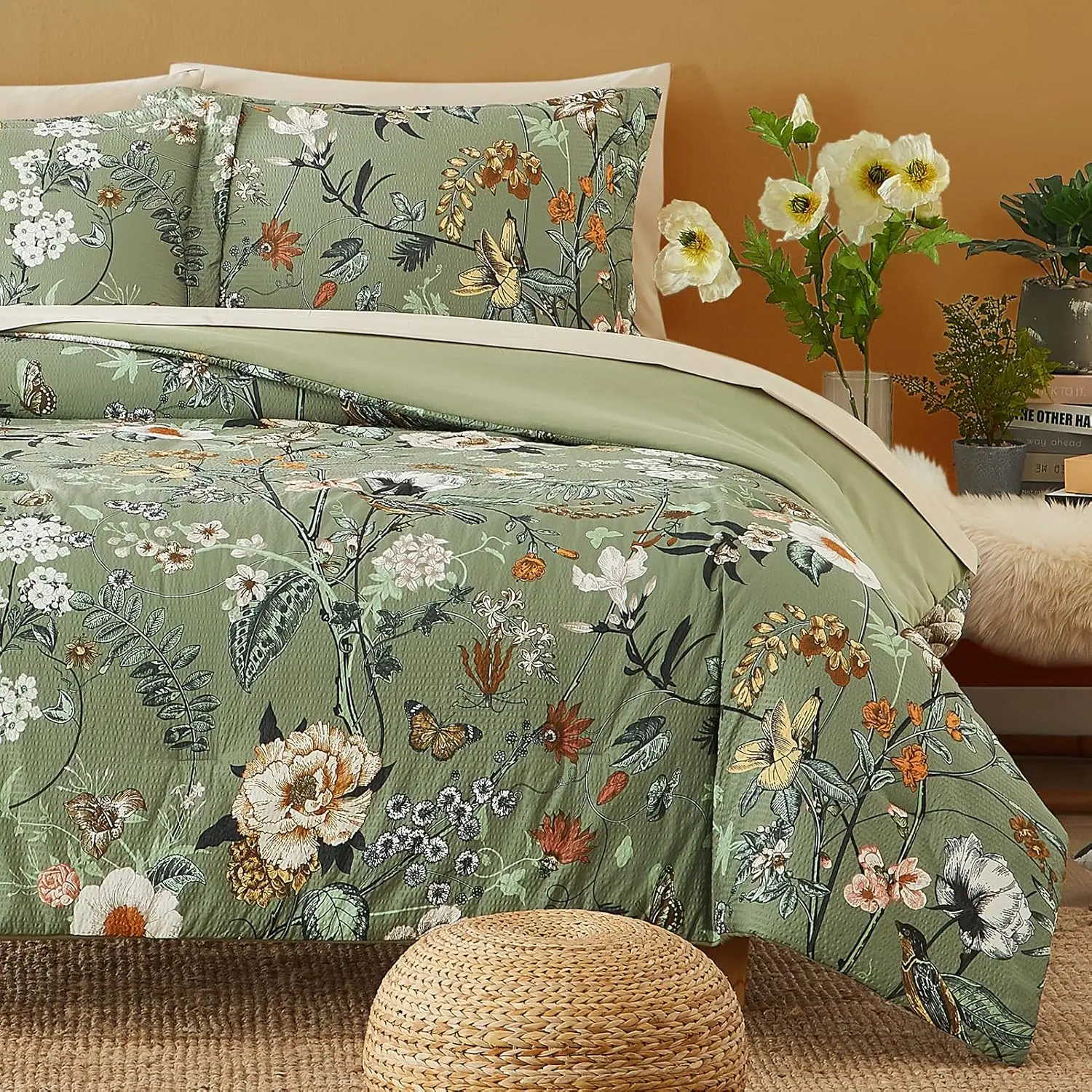 Melex Home King Size 7-Piece Floral Green Bedding Set - Affordable Cozy Setup Microfiber All-Season Botanical Comforter with Bed Cover, Bedsheet Sets, Pillowcases & Shams, Bed Cover Set, Bedding Sets