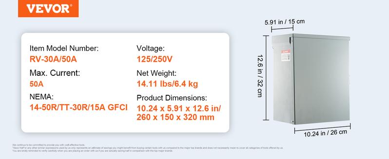 VEVOR Temporary Power Outlet Panel, TikTokShopBlackFriday, 125/250V, RV Power Outlet Box with a 20/30/50 Amp Receptacle Installed, NEMA 14-50R / NEMA TT-30R / 15A GFCI for RV Camper Trailer Motorhome, Tested to UL Standards