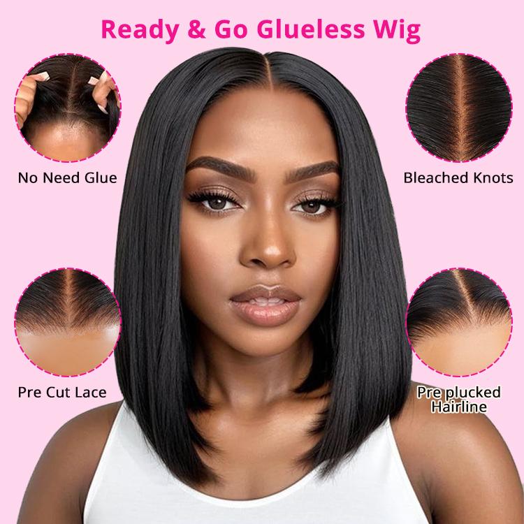 Ready And Go Bob Wigs Human Hair Straight Short Bob Wig Pre Cut 7x4 Lace Closure Wig 7x5 Pre-Bleached Pre-Plucked Glueless Wig Wiggins Hair TikTokShopBlackFriday