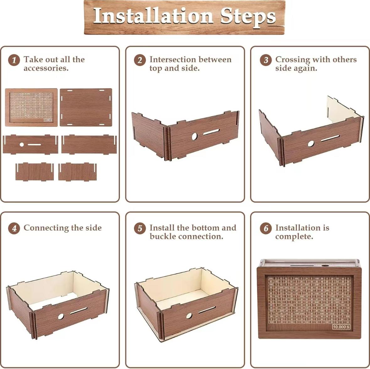 $10,000 Savings Challenge Box, Wooden Cash Vault for Kids & Adults, Money Saving Box with Lid, Birthday Piggy Bank Gift Home Decor