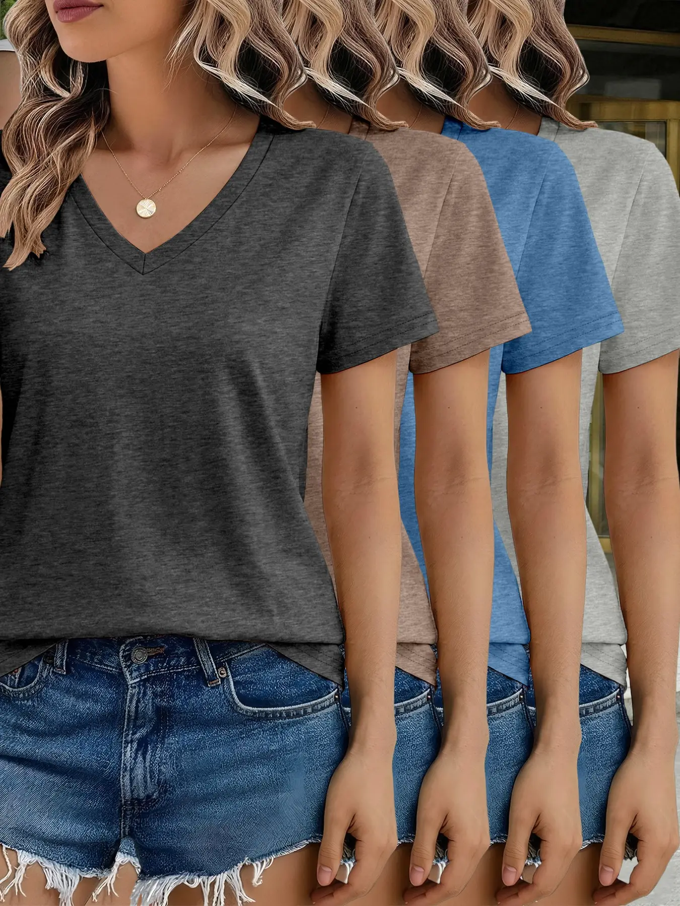 Women's V-Neck Short Sleeve Summer Basic Everyday T-Shirt 4-Piece Matching Set, Casual Fitted Top, Solid Color, All Seasons, Plain Surface, Unlined