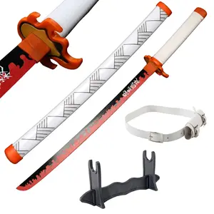 31 inches Bamboo Wooden Demon Slayer Sword Rengoku Kyoujurou Cosplay Swords with Belt & Holder Stand Display Anime Fans for Halloween Role Playing Props Cosplay Collection Decoration Christmas Gift Birthday