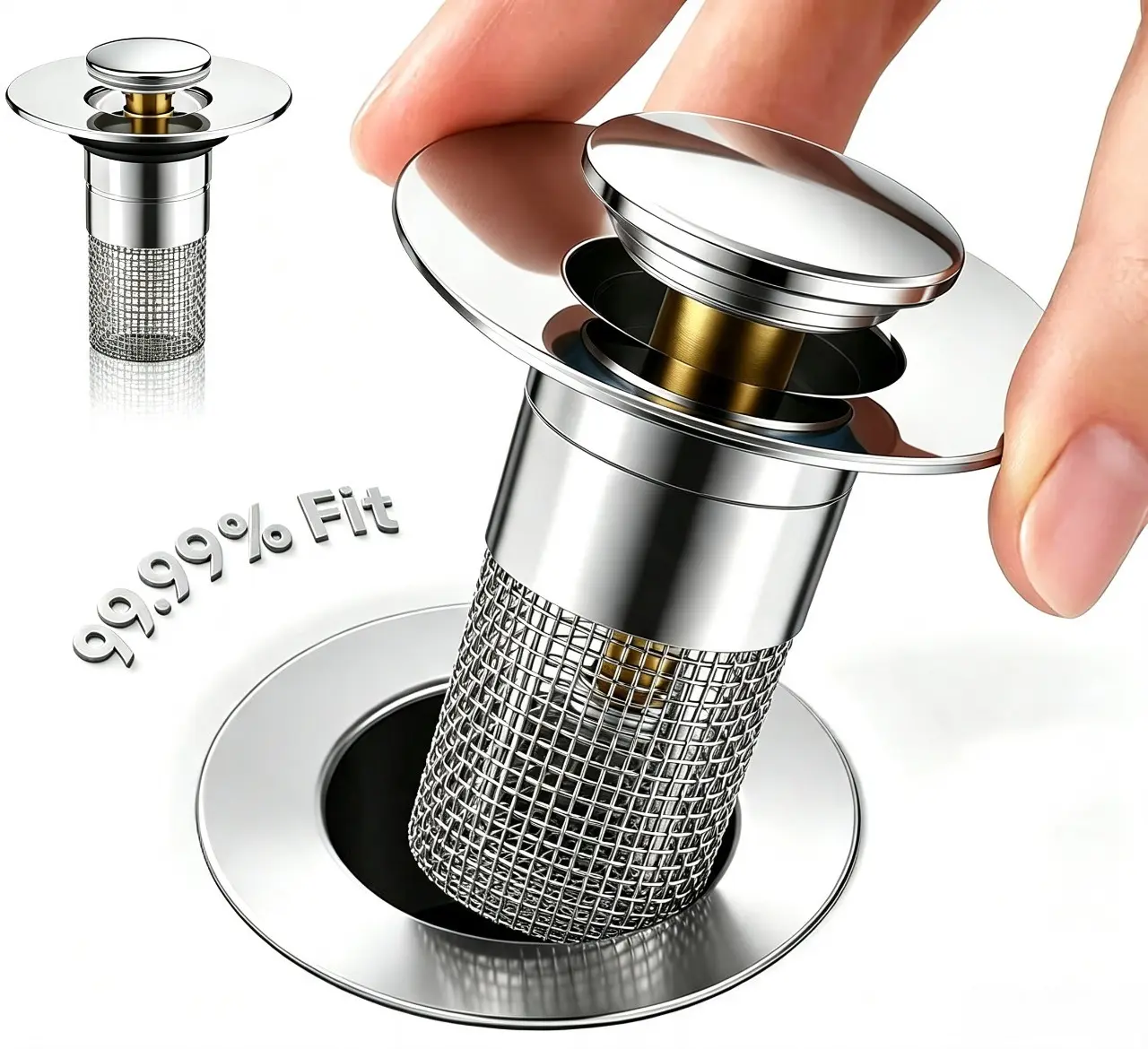 Bathroom Basin Pop-Up Drain Plug 1 Pack Chrome, Silent Pop Core Sink Stopper Equipped with Removable Hair Filter Basket, Drain Strainer Fits 1.1~1.5" Bathroom Sink Drains