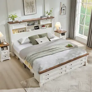 OKD Queen Rustic Style Large Bed Frame for Modern Bedrooms, Built-in Charging Station, 54-Inch High Headboard, 4 Compartments, 2 Hidden Storage Spaces, 18-Inch Roman Column Decorative Footboard, No Box Spring Required