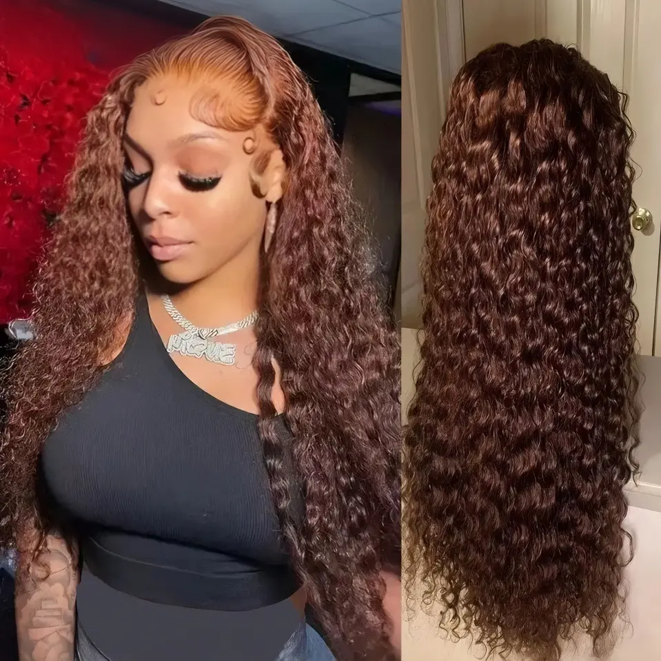 VRbest Chocolate Brown Deep Wave 13x6 HD Transparent Lace Front Wigs Brazilian Deep Curly Human Hair Wigs for Black Women Pre Plucked with Baby Hair 180% Denisty Gift